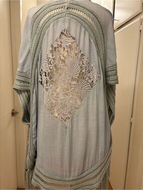 Miracle Light Gray/Sage Green Crochet-Back Kimono - Size S/M